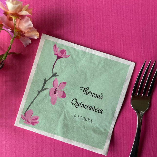 Pink and Mint Green Cherry Blossom Quinceanera Napkin (Creator Uploaded)