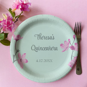 Pink and Mint Green Cherry Blossom Quinceanera Paper Plate