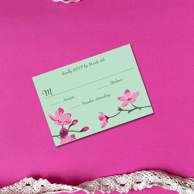 Pink and Mint Green Cherry Blossom Quinceanera RSVP Card (Creator Uploaded)