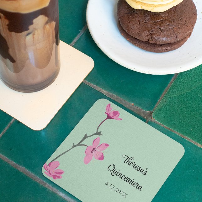 Pink and Mint Green Cherry Blossom Quinceanera Square Paper Coaster (Creator Uploaded)