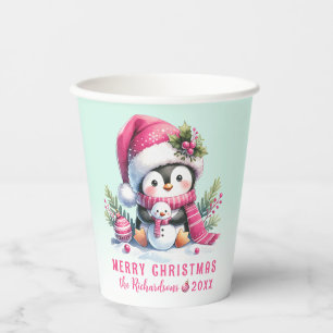 Pink and Mint Green Cute Penguin Merry Christmas Paper Cups