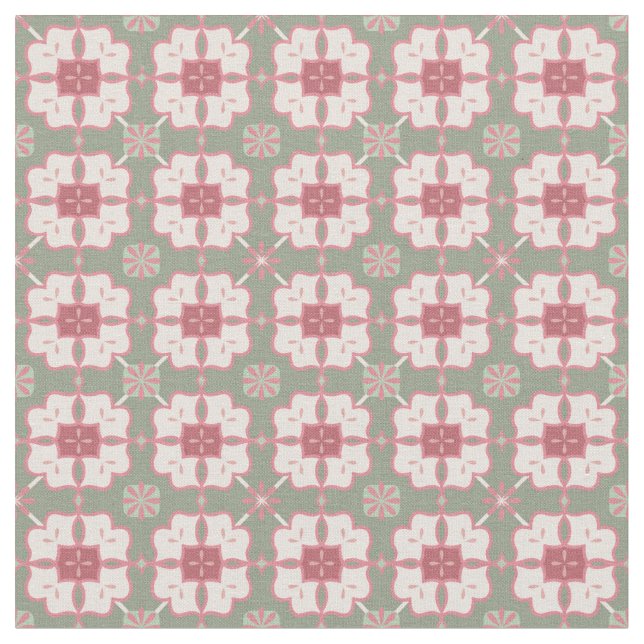 Pink and Mint Green | Lovely Floral Block Pattern Fabric (Close Up)