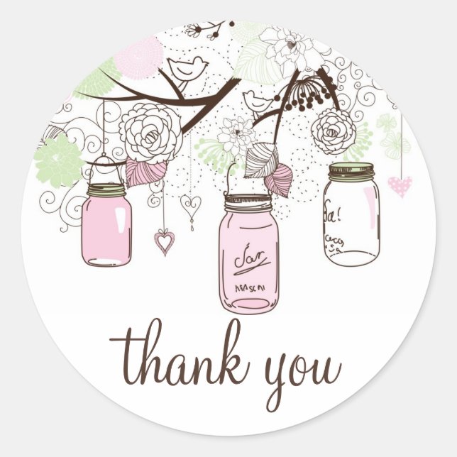 Pink and Mint Green Mason Jars Thank You Sticker (Front)