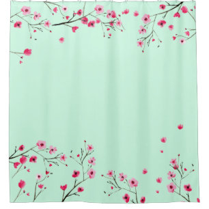 Pink and Mint Green - Watercolor Cherry Blossom Shower Curtain