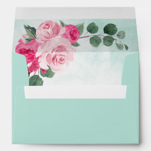 Pink and Mint Green Watercolor Floral Wedding Envelope