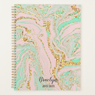 Pink and Mint Marble Gold Glitter Personalised Planner