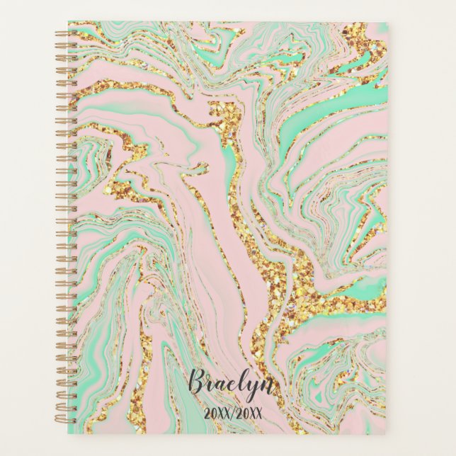Pink and Mint Marble Gold Glitter Personalised   Planner (Front)