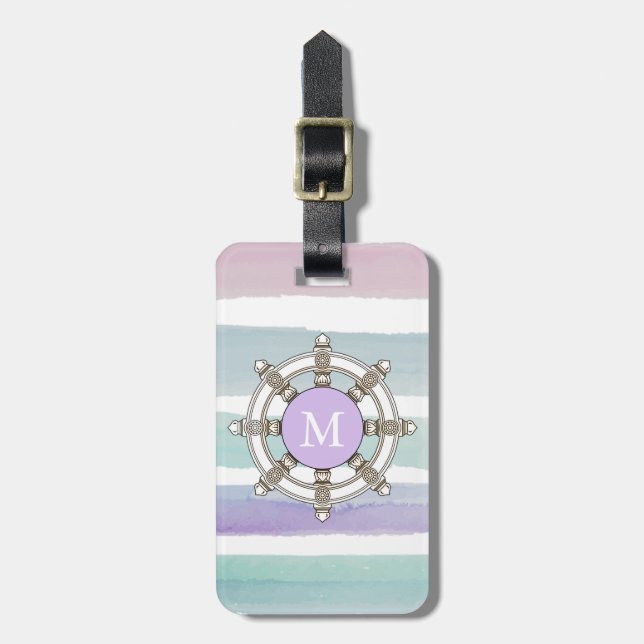 Pink and Mint Stripes Monogram Cute Luggage Tag (Front Vertical)