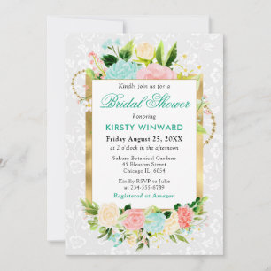 Pink and Mint Summer Flowers Gold Bridal Shower Invitation
