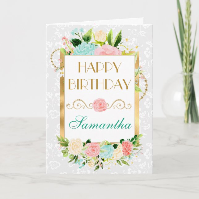 Pink and Mint Summer Flowers Gold Foil Birthday Card (Front)