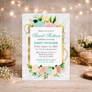 Pink and Mint Summer Flowers Gold Foil Sweet 16 Invitation