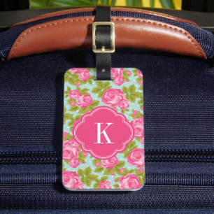 Pink and Mint Vintage Roses Monogram Luggage Tag
