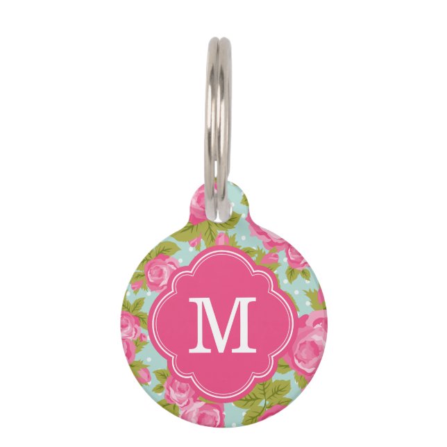 Pink and Mint Vintage Roses Monogram Pet Tag (Front)