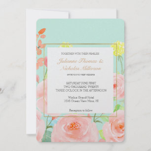Pink and Mint Watercolor Roses Wedding Invitation