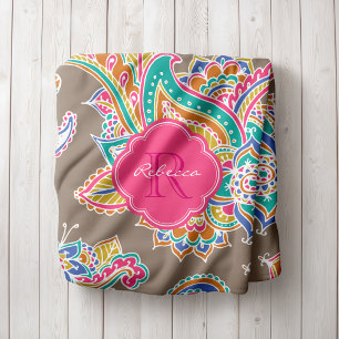 Pink and Mocha Boho Paisley Monogrammed Fleece Blanket