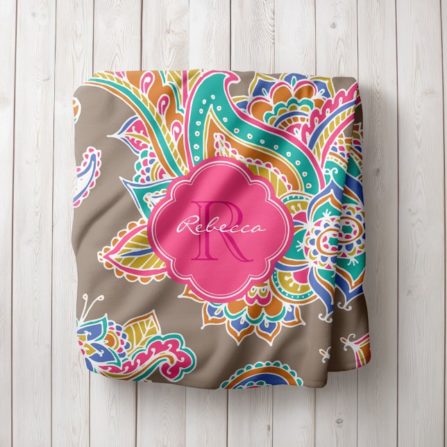 Pink and Mocha Boho Paisley Monogrammed Fleece Blanket (Creator Uploaded)