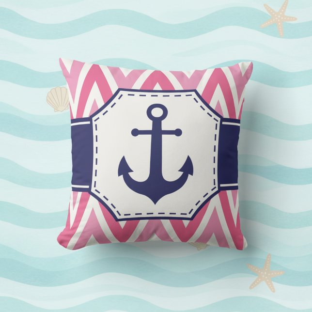 Pink and Navy Anchor Throw Pillow (Pink chevron and navy blue anchor decorative throw pillow.)