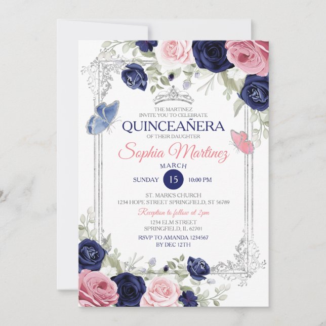 Pink And Navy Blue Floral Butterfly Quinceañera Invitation (Front)