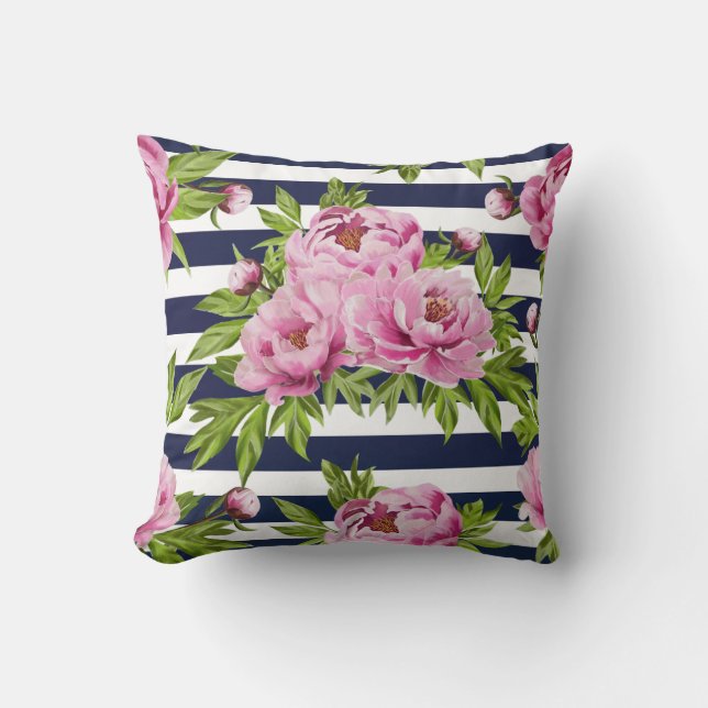 Pink and Navy blue floral Pillow (Front)