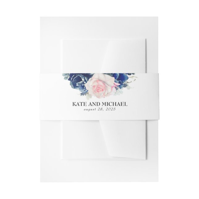 Pink And Navy Blue Floral Wedding Invitation Belly Band (Front Example)