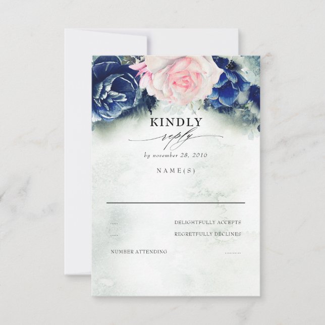 Pink and Navy Blue Floral Wedding RSVP Card (Front)