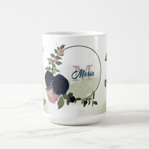 pink and navy blue flowers greenery monogram coffee mug