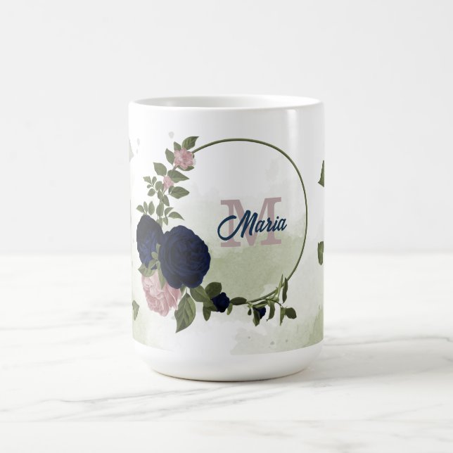 pink and navy blue flowers greenery monogram coffee mug (Center)