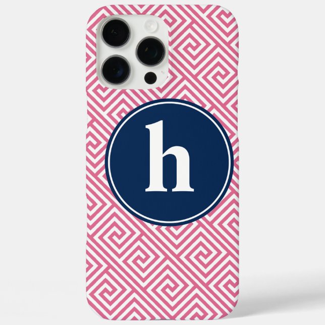 Pink and Navy Blue Greek Key Pattern Monogram Case-Mate iPhone Case (Back)