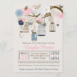 Pink and Navy Blue Hanging Cages Jars Baby Shower Invitation