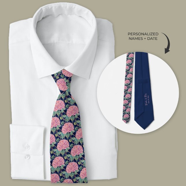 Pink and Navy Blue Hydrangea Groomsmen Tie (Pink Hydrangea Flowers and Navy Blue Groomsmen tie)