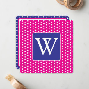 Pink and Navy Blue Polka Dots Monogram Card