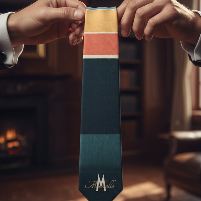 pink and navy blue Stripes pattern monogramed Tie (Creator Uploaded)