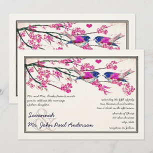 Pink and Navy Love Bird Cherry Blossom Wedding Invitation
