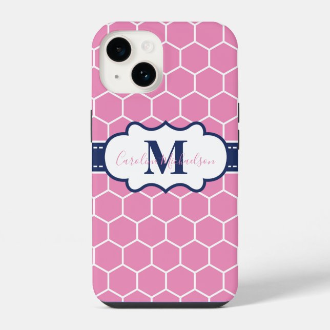 Pink and Navy Monogram Geometric Pattern  iPhone Case (Back)