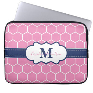 Pink and Navy Monogram Geometric Pattern  Laptop Sleeve
