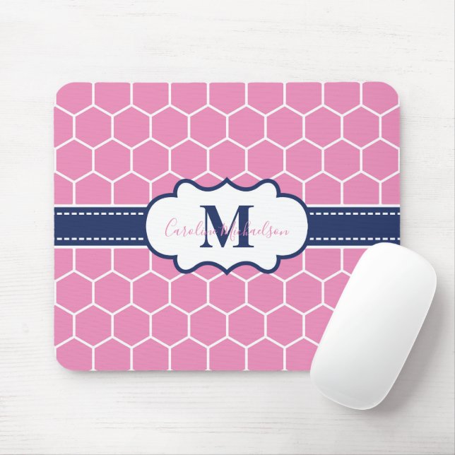 Pink and Navy Monogram Geometric Pattern  Mouse Pad (With Mouse)