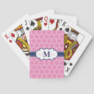 Pink and Navy Monogram Geometric Pattern  Playing Cards