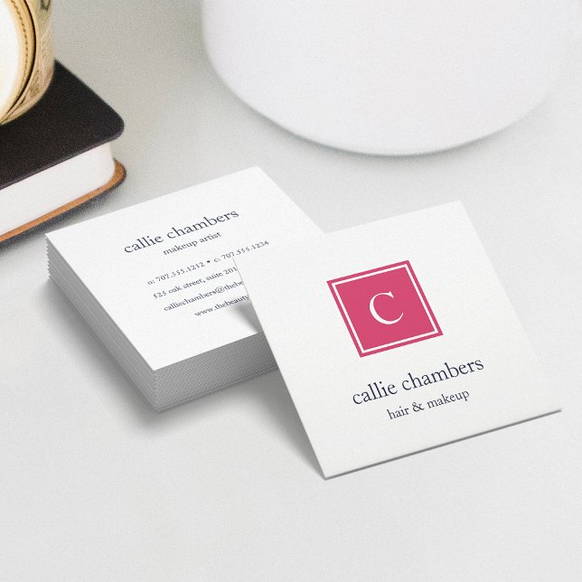 Pink and Navy Monogram Square Business Card (Creator Uploaded)