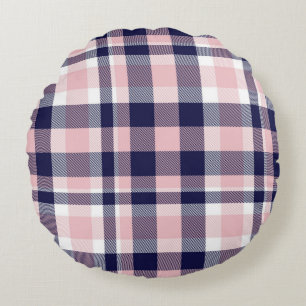 Pink and navy Plaid, chequered, tartan seamless Round Cushion