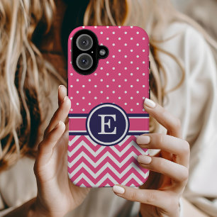Pink and Navy Preppy Chevron Dots Monogram iPhone 16 Case