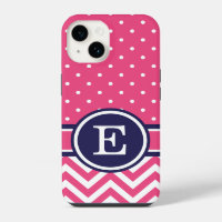 Pink and Navy Preppy Chevron Dots Monogram