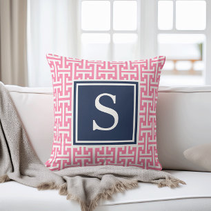 Pink and Navy Preppy Pattern Monogram Cushion