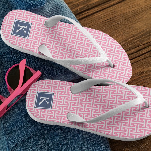 Pink and Navy Preppy Pattern Monogram Thongs (Creator Uploaded)