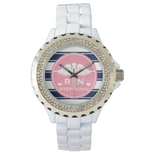 Pink and Navy Stripe Caduceus RN Nurse Watch