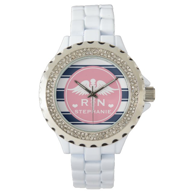 Pink and Navy Stripe Caduceus RN Nurse Watch (Front)