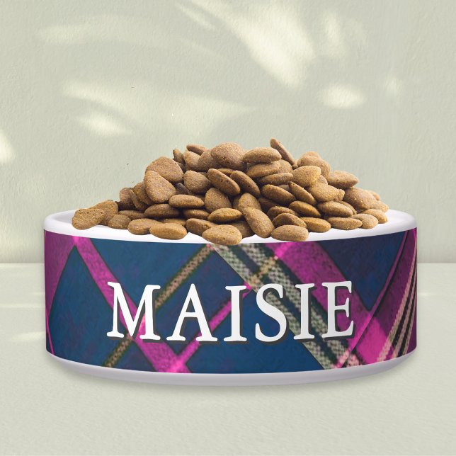 Pink and Navy Tartan Plaid Personalised Pet Dog Bowl (A stylish, personalized dog bowl, with tartan plaid pattern in pink, blue and golden tones)