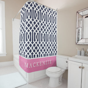 Pink and Navy Trellis Monogram Shower Curtain