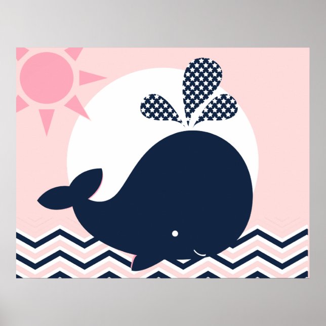Pink and Navy Whale Nursery Poster (Front)