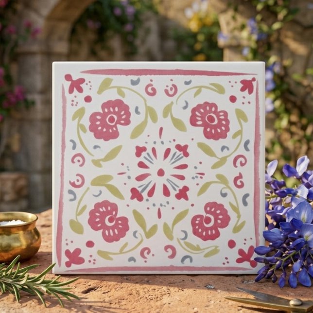 Pink and Olive Folk Art Floral Decorative Ceramic Tile (Pink and Olive Folk Art Floral Decorative Ceramic Tile)