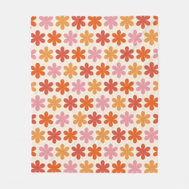 Pink And Orange Aesthetic Retro Groovy Flowers Pat Fleece Blanket (Front)